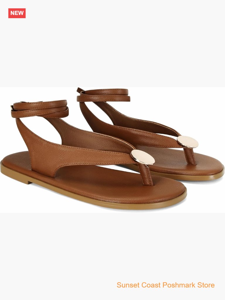 Strappy Flat Sandals For Women Suede Leather Thong Slides With Metal Circular